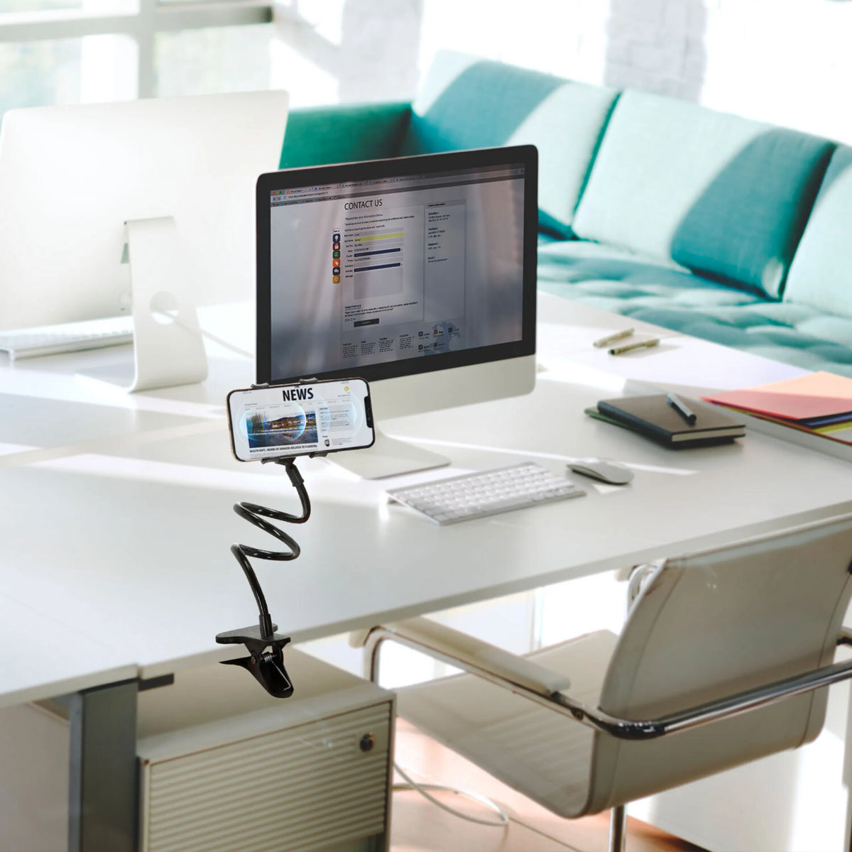 Supporto per cellulare e tablet FLEXMOBI nero con collo di cigno flessibile e morsetto da tavolo di hjh OFFICE