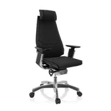 Schwarzer High-End-Bürostuhl GENIDIA PRO mit Stoffbezug und Fußkreuz mit fünf Rollen von hjh OFFICE – 360-Grad-Ansicht (schräge Frontansicht 40°)