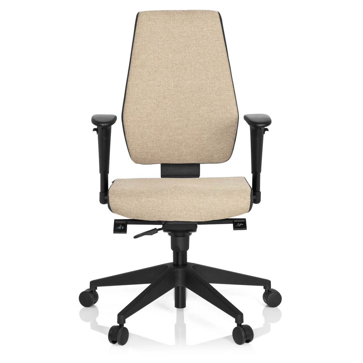Sedia da ufficio professionale PRO-TEC 500 beige con braccioli e base nera a cinque ruote di hjh OFFICE – vista a 360° (vista frontale 0°)