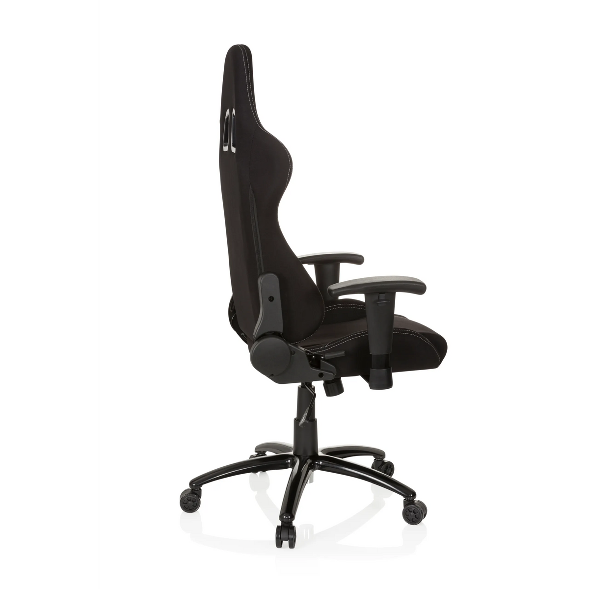 Sedia da gaming nera GAME FORCE con poggiatesta, braccioli e base a cinque ruote di hjh OFFICE – vista a 360° (profilo laterale 100°)