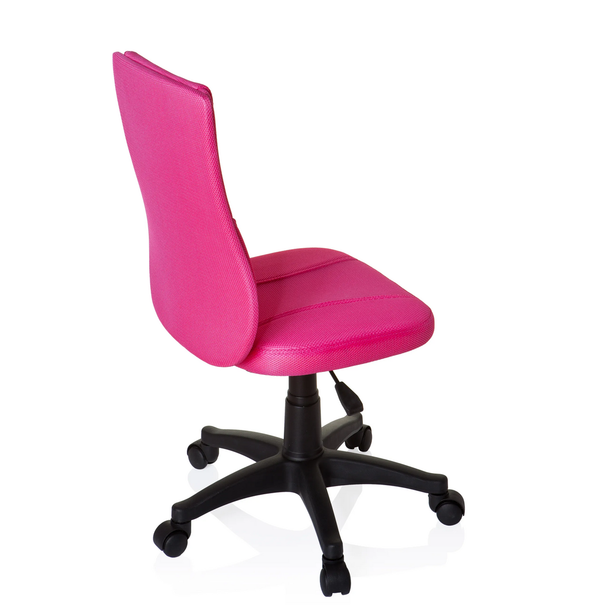 Sedia girevole per bambini KIDDY BASE rosa con schienale in rete e base nera a cinque ruote di hjh OFFICE – vista a 360° (vista posteriore a tre quarti 120°)