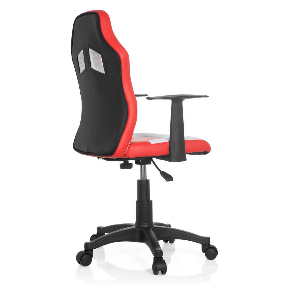 Sedia girevole per bambini TEEN GAME AL rossa e bianca con braccioli e base nera a cinque ruote di hjh OFFICE – vista a 360° (vista posteriore a tre quarti 120°)