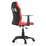 Sedia girevole per bambini TEEN GAME AL rossa e bianca con braccioli e base nera a cinque ruote di hjh OFFICE – vista a 360° (vista posteriore a tre quarti 120°)