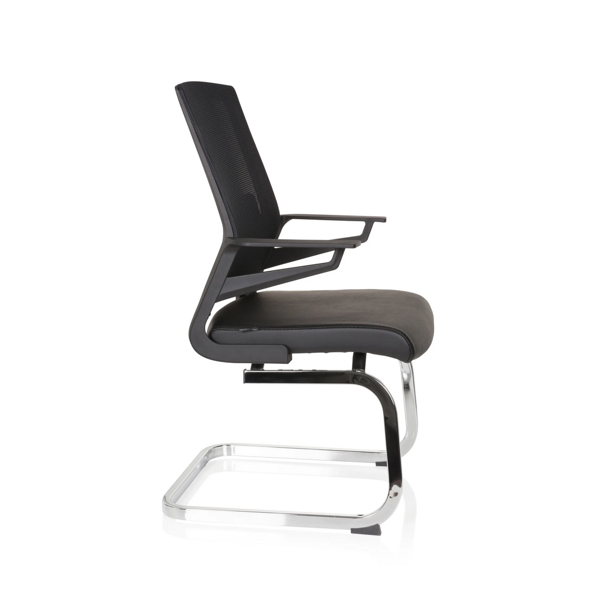 Sedia a sbalzo INVENTOR V PRO nera con schienale in rete, braccioli e base a slitta di hjh OFFICE – vista a 360° (profilo laterale 80°)