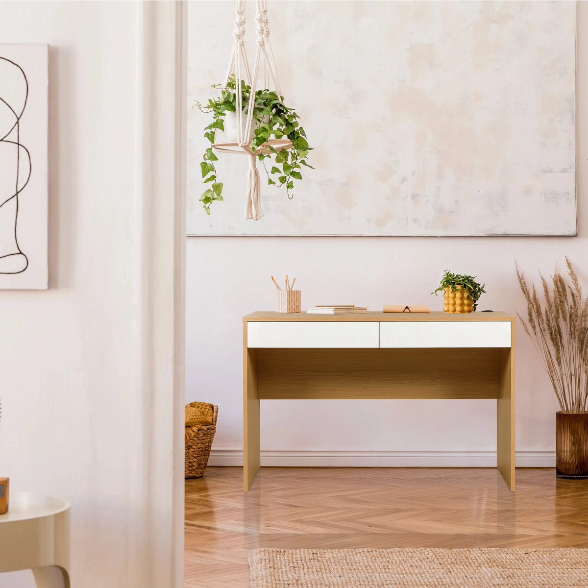 Scrivania BERGA in bianco e rovere con due cassetti di hjh LIVING