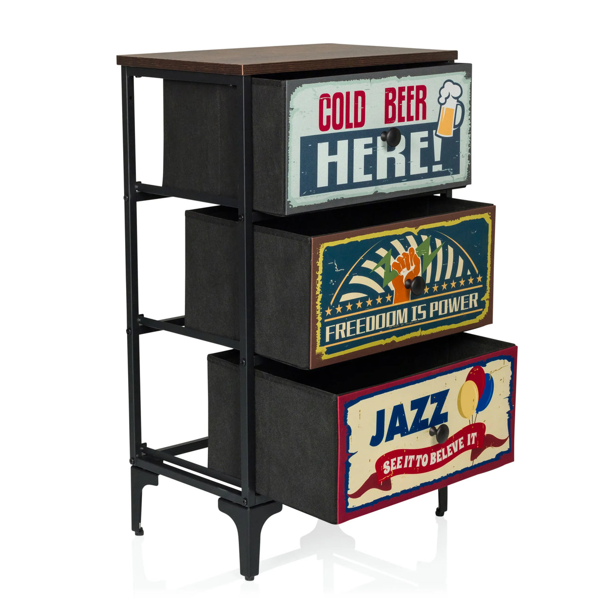Cassettiera AMERIKO S con tre cassetti decorati e struttura in metallo scuro di hjh LIVING