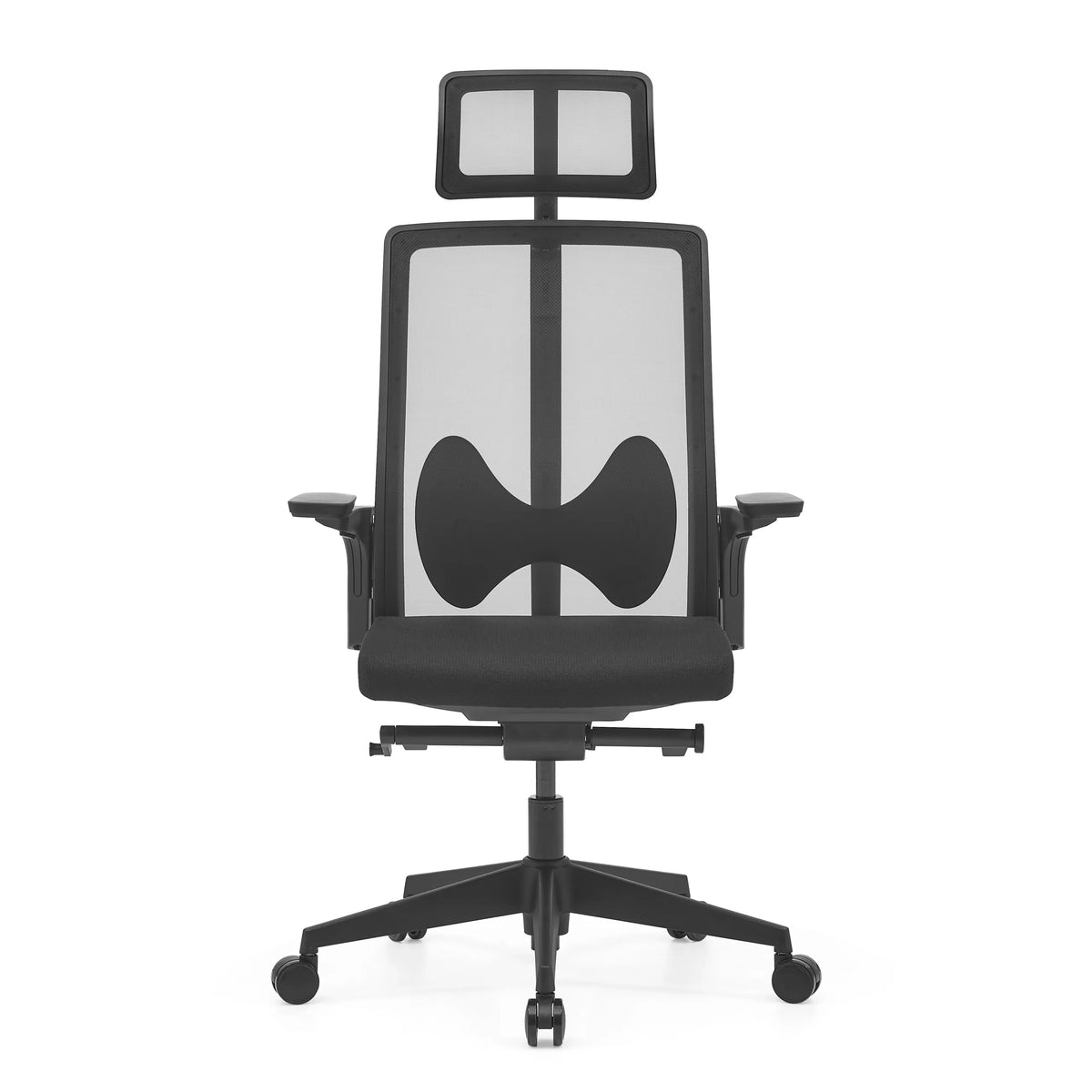 Sedia da ufficio professionale ARCEO B nera con schienale in rete, poggiatesta e base a cinque ruote di hjh OFFICE – vista a 360° (vista frontale 0°)