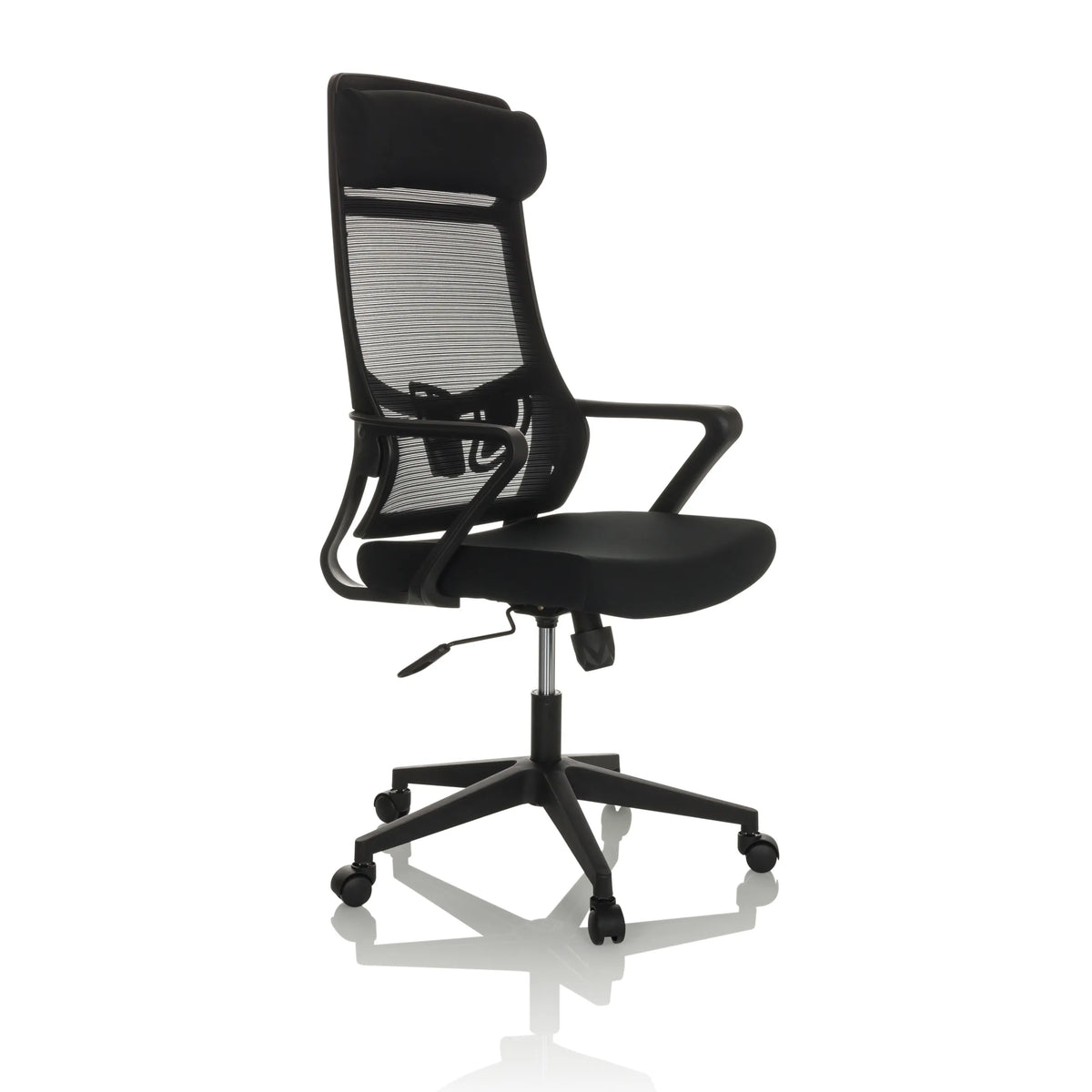 Sedia Home Office NEKEO nera con schienale in rete e base a cinque ruote di hjh OFFICE – vista a 360° (vista frontale a tre quarti 45°)