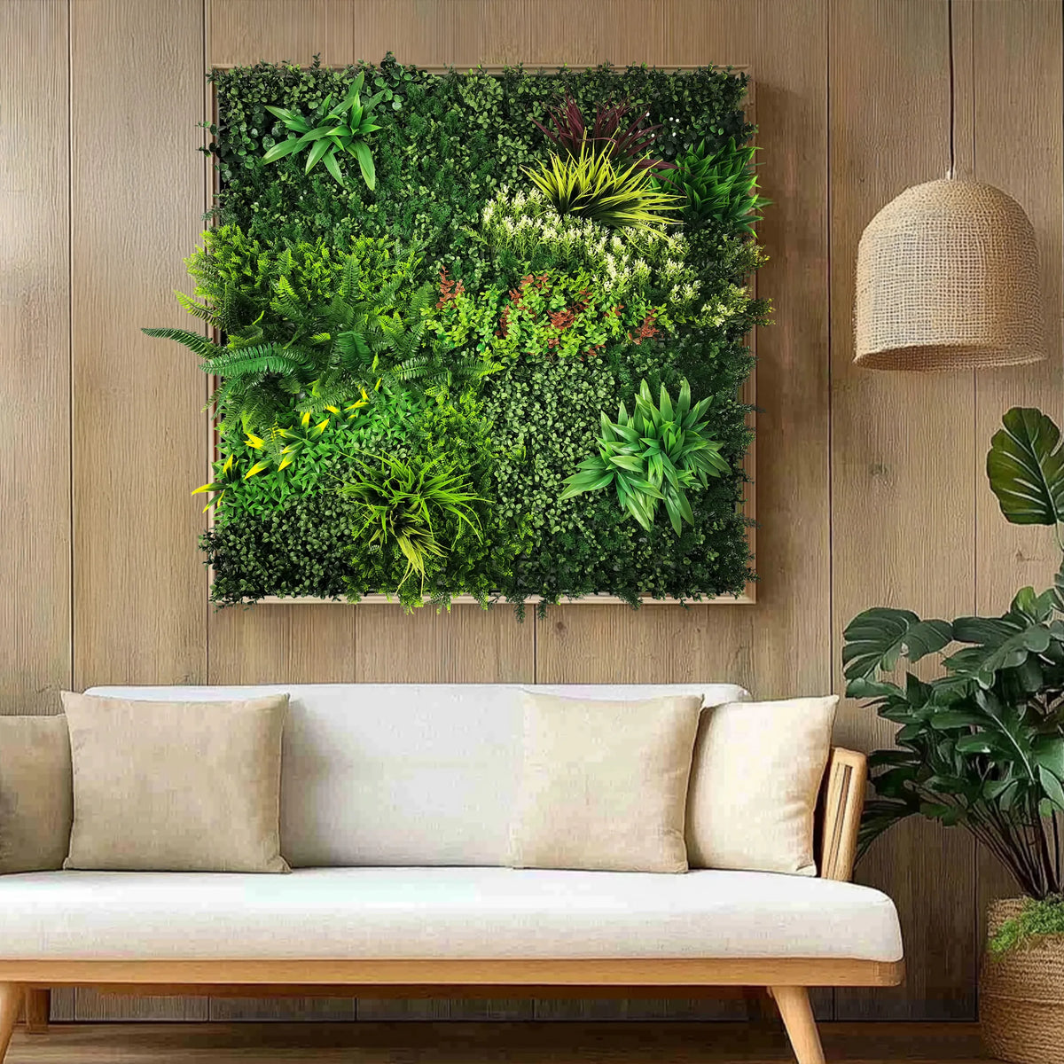 Grüne Pflanzenmatte LEAFLUXE 3D mit verschiedenen Kunstpflanzen in einem Holzrahmen von hjh LIVING