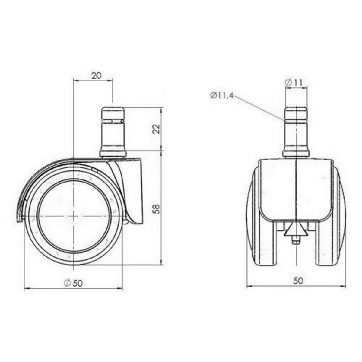 Disegno tecnico delle rotelle per sedia 5x ROLO LUX 11mm/50mm con un diametro della ruota di 50 mm di hjh OFFICE