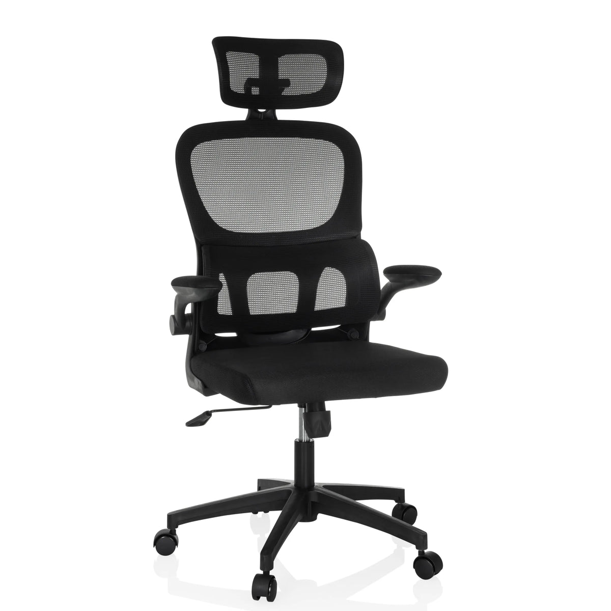Sedia Home Office ERGOMY FLEX nera con schienale in rete, poggiatesta e base a cinque ruote di MyBuero – vista a 360° (vista frontale 15°)