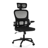 Sedia Home Office ERGOMY FLEX nera con schienale in rete, poggiatesta e base a cinque ruote di MyBuero – vista a 360° (vista frontale 15°)