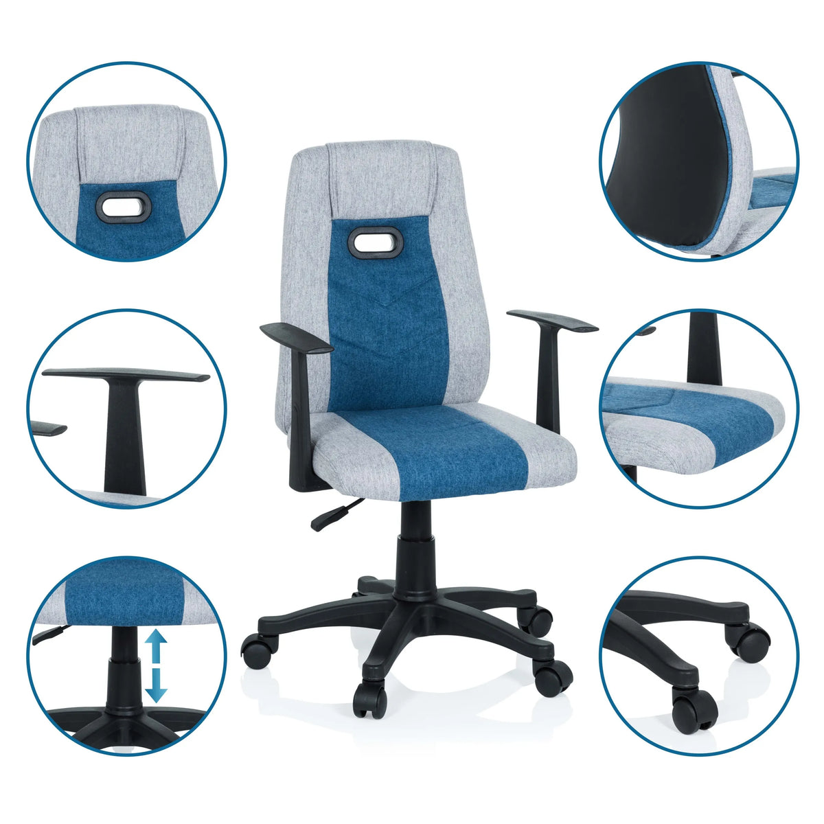 Sedia girevole per bambini KIDDY EXTRA in grigio-blu con viste dettagliate di bracciolo, pistone a gas e rotelle di hjh OFFICE