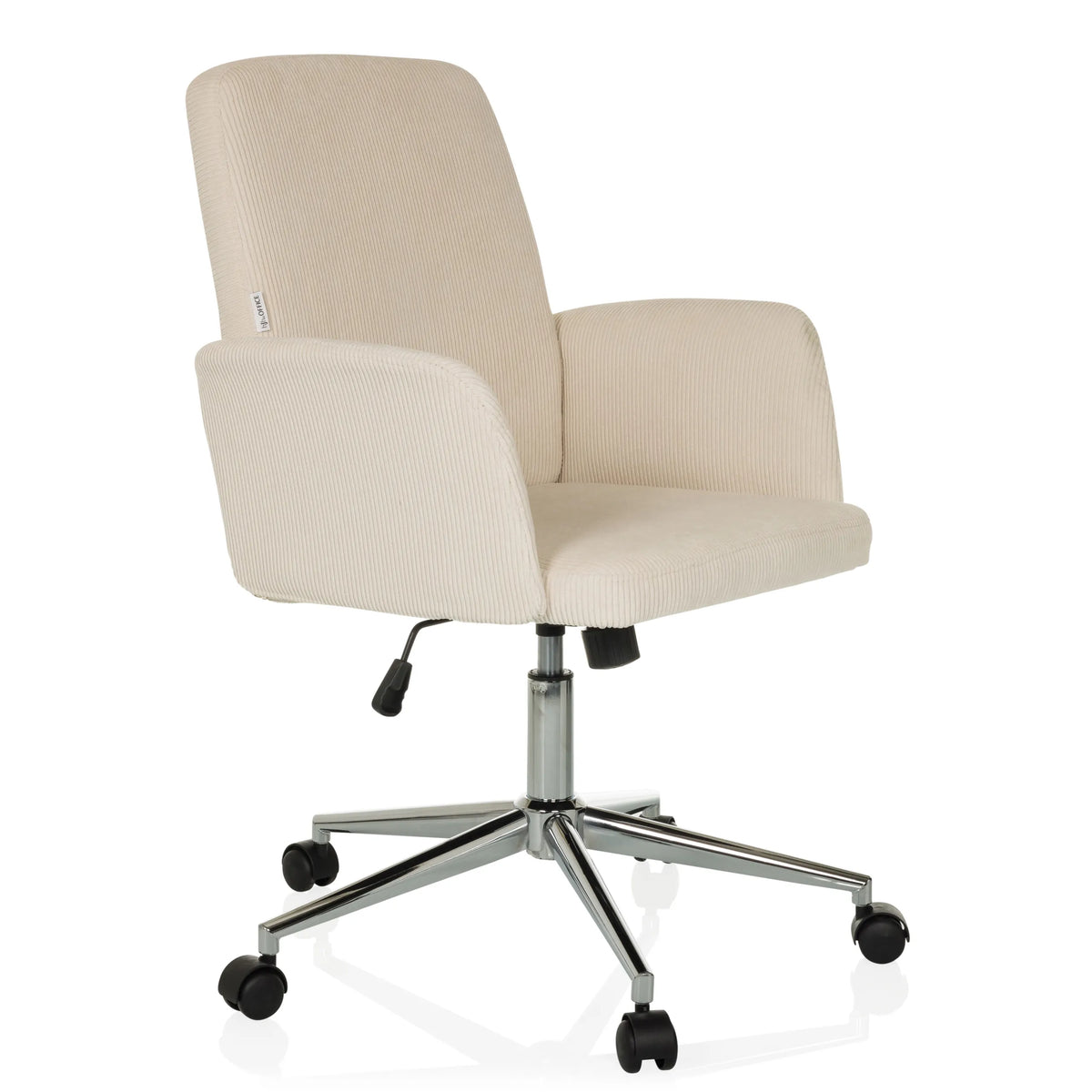 Sedia Home Office SOLAO CORD beige con rivestimento a coste e base a cinque ruote di hjh OFFICE – vista a 360° (vista frontale a tre quarti 45°)
