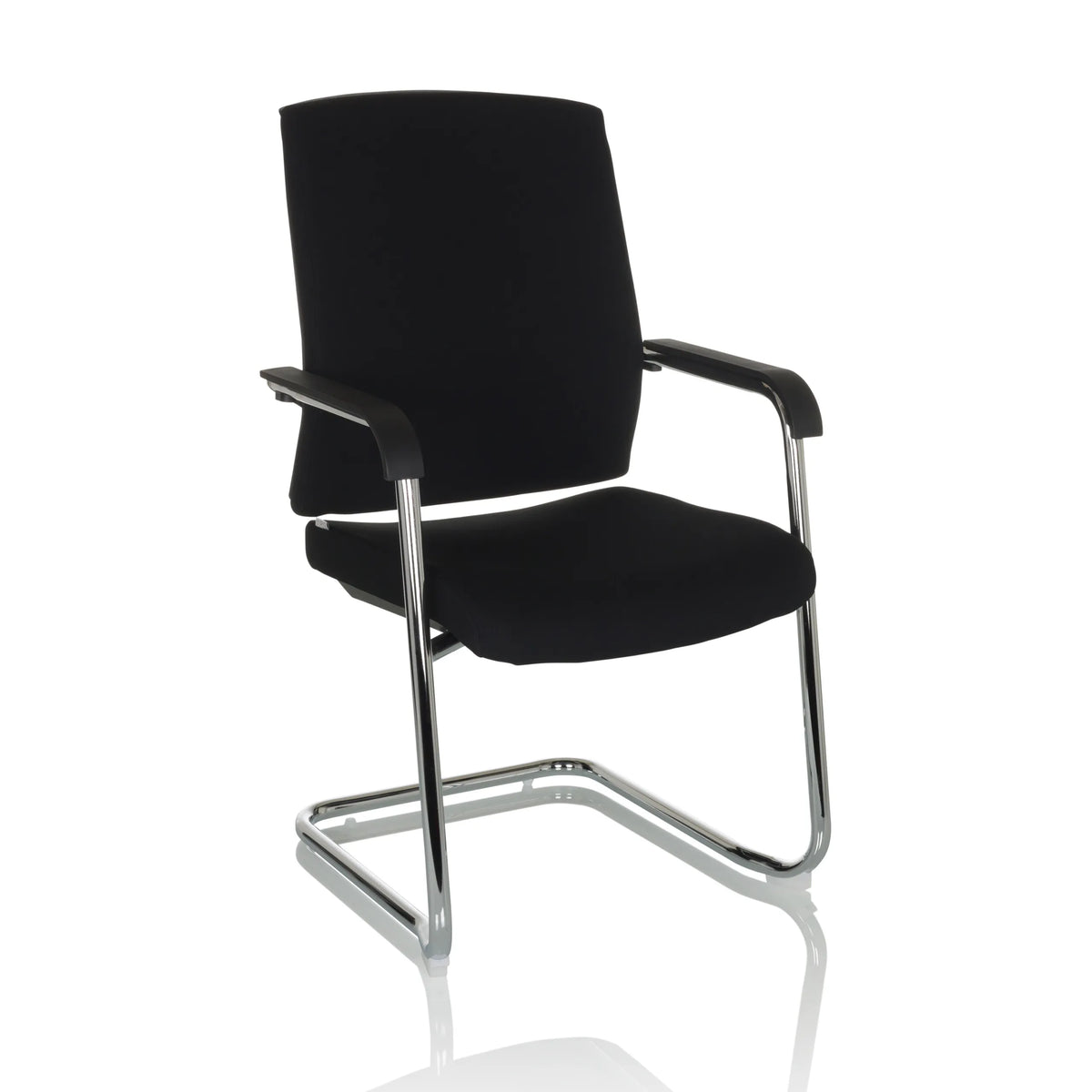 Sedia a sbalzo LEVIA VP nera con braccioli e struttura cromata di hjh OFFICE – vista a 360° (vista frontale a tre quarti 30°)
