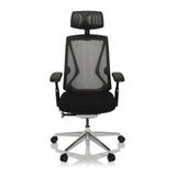 High-end Sedia da ufficio INSPERO nera con schienale in rete, poggiatesta e base a cinque ruote di hjh OFFICE – vista a 360° (vista frontale 0°)