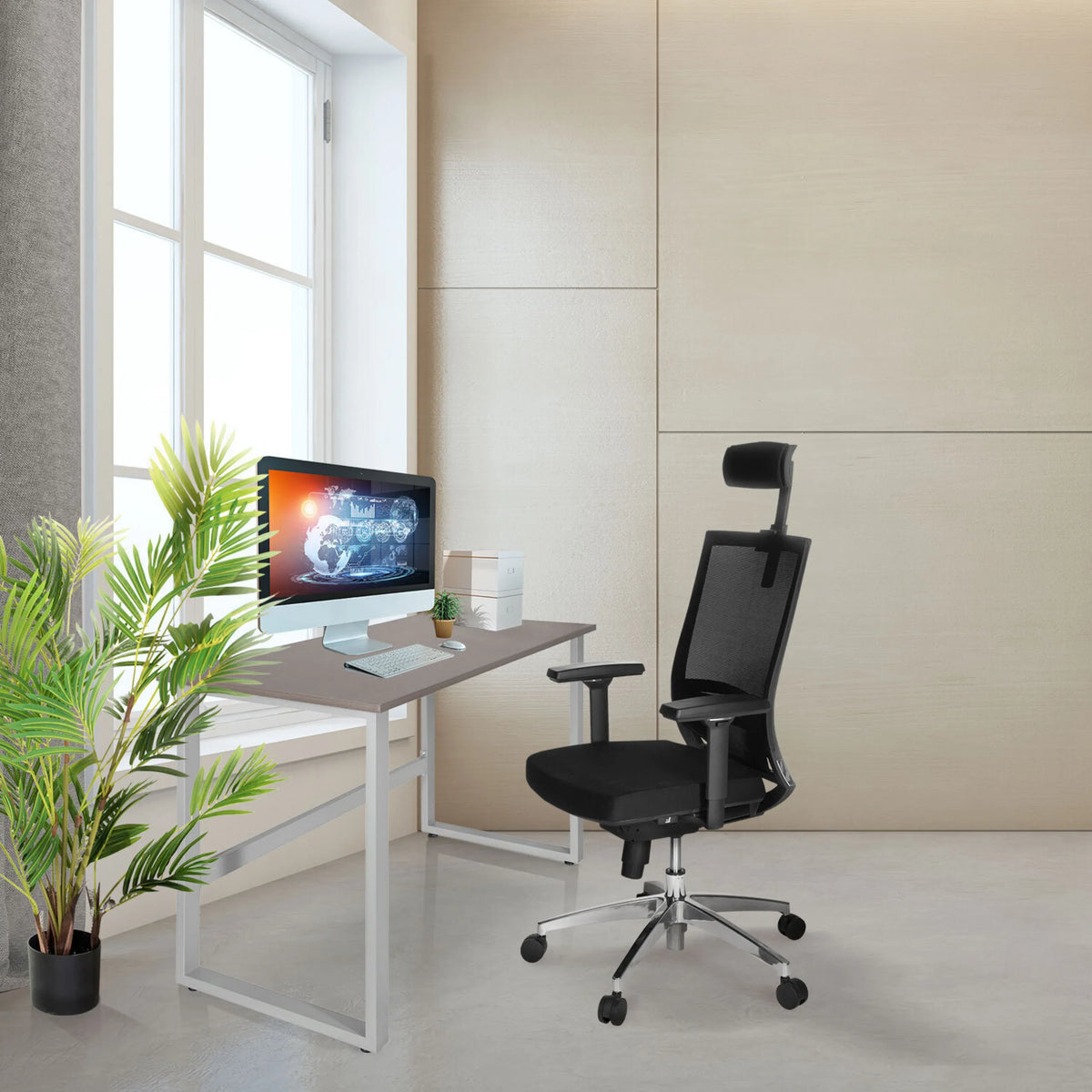 Scrivania WORKSPACE LIGHT I in noce e bianco con struttura bianca di hjh OFFICE