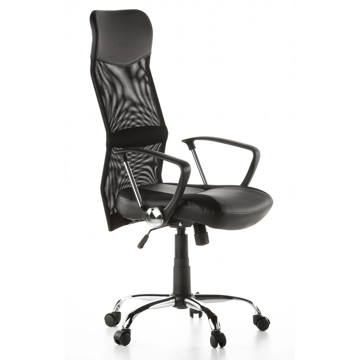 Poltrona Home Office ARTON 20 nera con schienale in rete e base a cinque ruote di hjh OFFICE – vista a 360° (vista frontale a tre quarti 60°)