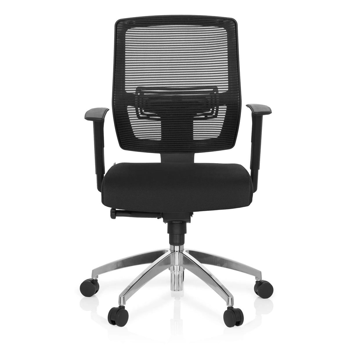 Sedia da ufficio professionale NET 90 nera con schienale in rete e base a cinque ruote di hjh OFFICE – vista a 360° (vista frontale 0°)