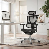 Poltrona di lusso ERGOHUMAN SLIM ULTRA GEN2 nera con schienale in rete e poggiatesta in un ufficio domestico luminoso di hjh OFFICE