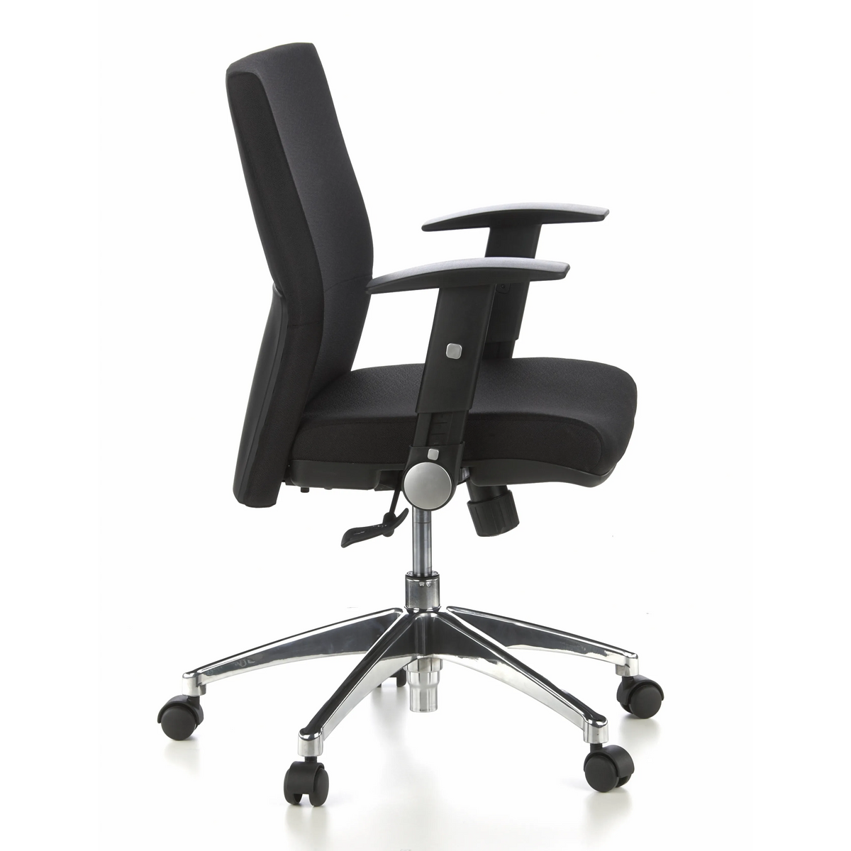 Sedia da ufficio professionale LAGUNA PRO nera con braccioli e base a cinque ruote di hjh OFFICE – vista a 360° (profilo laterale 80°)