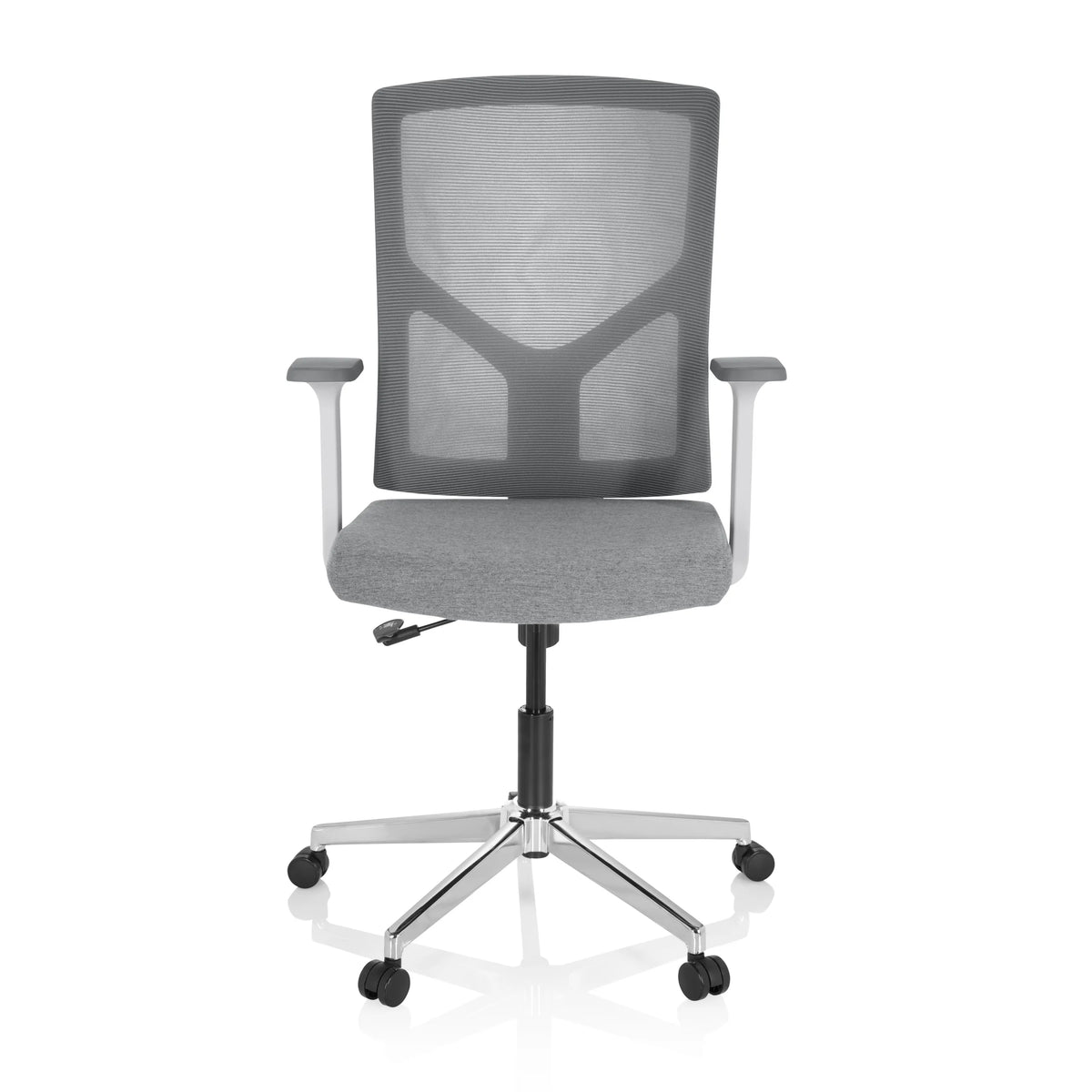 Grauer Homeoffice-Bürostuhl BRETON BASE W mit Netzrücken und Fußkreuz mit fünf Rollen von hjh OFFICE – 360-Grad-Ansicht (Frontansicht 0°)