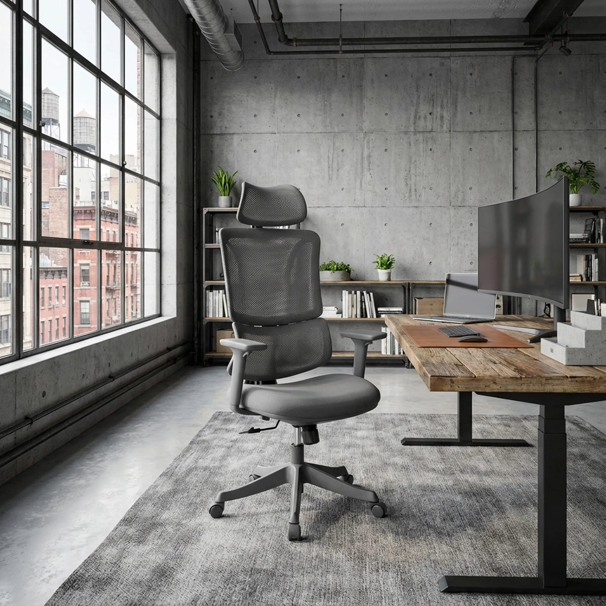 Sedia Home Office Ergomy Colore grigia con rivestimento in rete 3D e poggiatesta di MyBuero