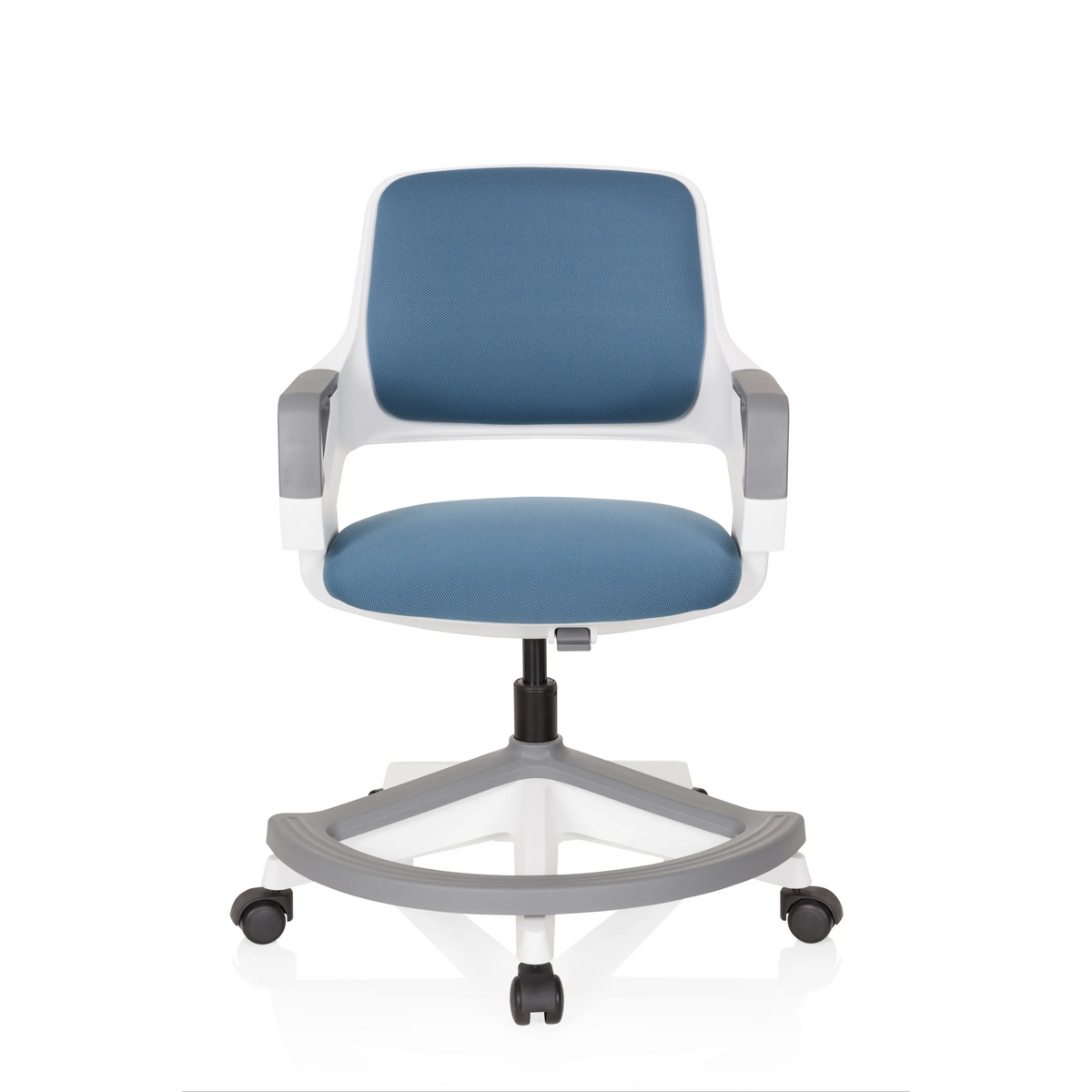 Sedia girevole per bambini KID FLEX blu grigio con braccioli e base a cinque ruote di hjh OFFICE – vista a 360° (vista frontale 0°)