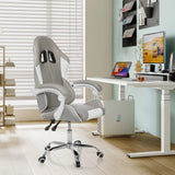 Sedia da gaming GAMEBREAKER W03 in grigio e bianco con braccioli e ruote davanti a una scrivania bianca di MyBuero