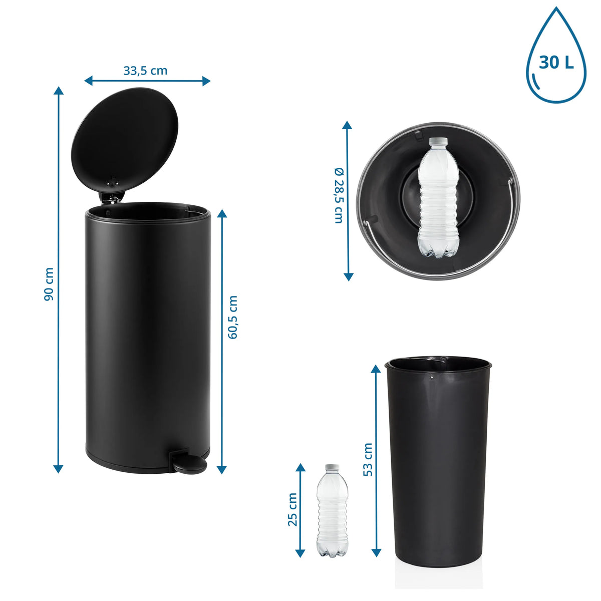 Disegno dimensionale del cestino CLEAN STEP 2 con altezza di 90 cm e volume di 30 L di hjh OFFICE