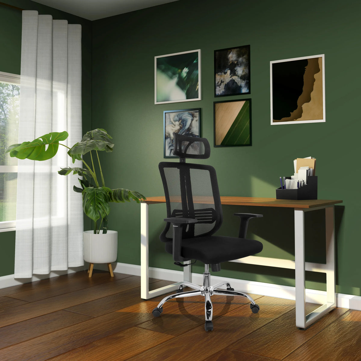 Sedia Home Office ZH 200 nera con schienale in rete e poggiatesta di hjh OFFICE