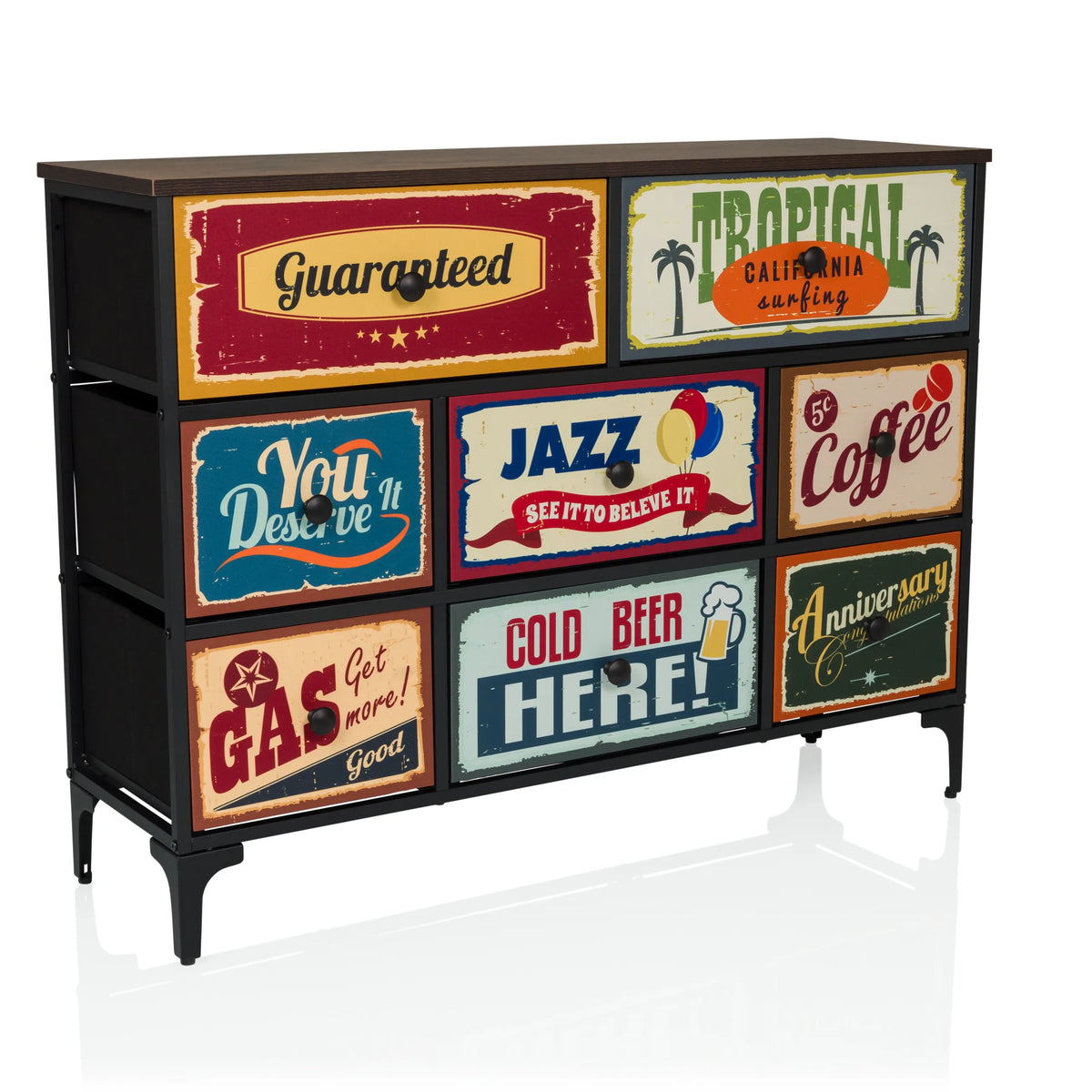 Cassettiera AMERIKO B con sei cassetti vintage stampati colorati e gambe nere di hjh LIVING – vista a 360° (vista frontale a tre quarti 30°)