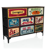 Cassettiera AMERIKO B con sei cassetti vintage stampati colorati e gambe nere di hjh LIVING – vista a 360° (vista frontale a tre quarti 30°)