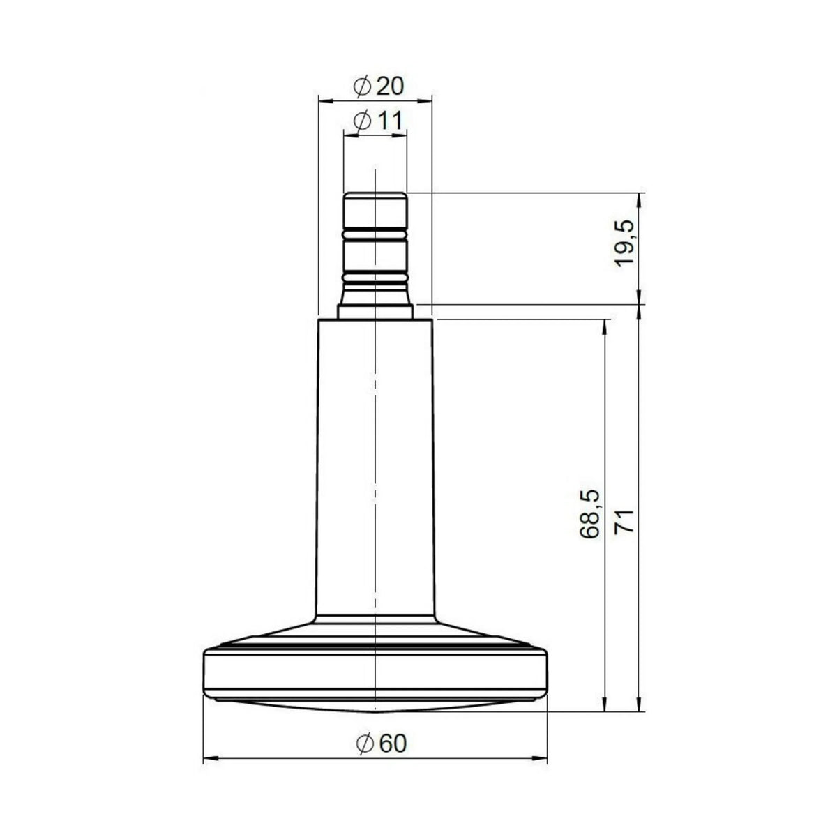 Disegno tecnico dei Piedini per sedie STATO-M con un diametro di 60 mm di hjh OFFICE