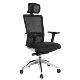 Sedia da ufficio professionale ASTRA LUX nera con schienale in rete, poggiatesta e base a cinque ruote di hjh OFFICE – vista a 360° (vista frontale a tre quarti 40°)