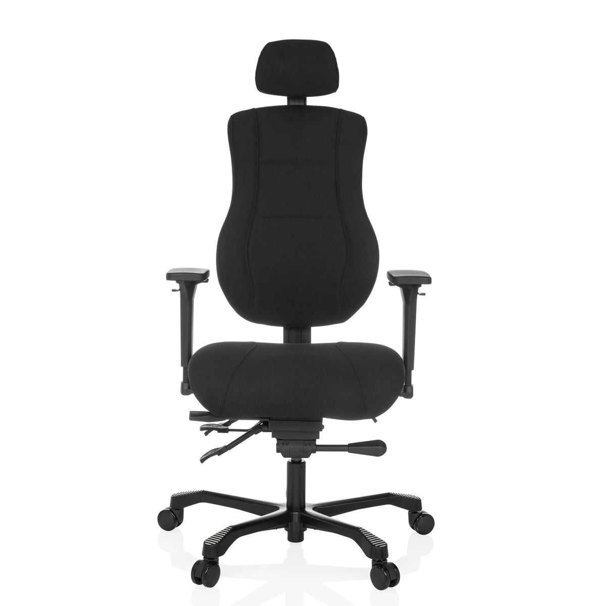 Sedia girevole XXL 24 HOURS BASIC nera con poggiatesta e base a cinque ruote di hjh OFFICE – vista a 360° (vista frontale 0°)