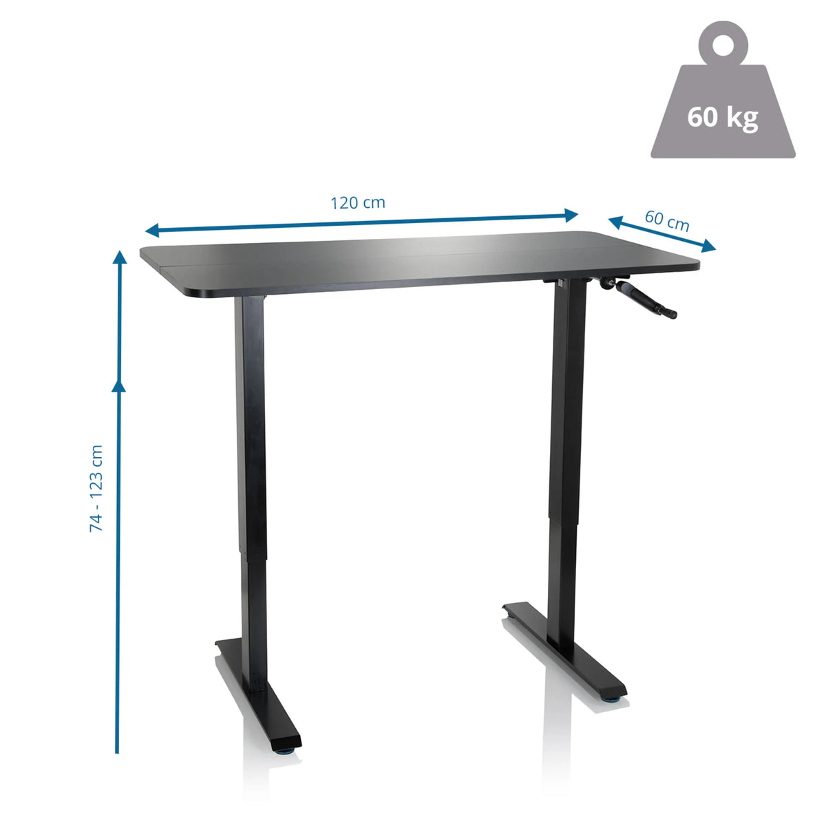 Disegno dimensionale della Scrivania in piedi STAND CR con 120 x 60 cm e una portata di 60 kg di hjh OFFICE
