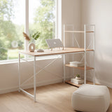 Scrivania Easy Up3 in bianco e rovere con scaffale integrato e struttura in metallo bianco di hjh LIVING