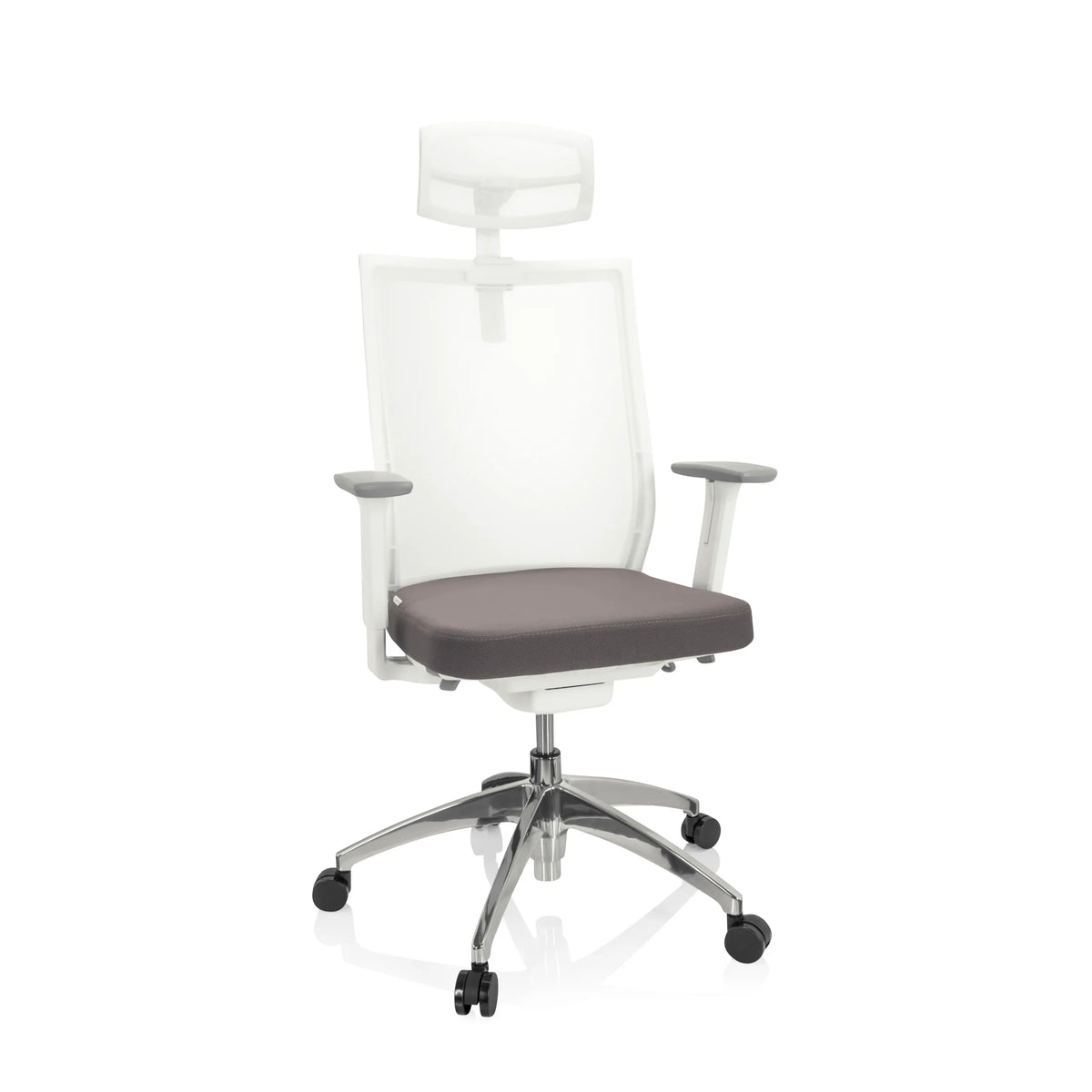 Sedia da ufficio professionale ASPEN WHITE PRO grigio-bianca con schienale in rete, poggiatesta e base a cinque ruote di hjh OFFICE – vista a 360° (vista frontale 20°)