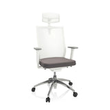 Sedia da ufficio professionale ASPEN WHITE PRO grigio-bianca con schienale in rete, poggiatesta e base a cinque ruote di hjh OFFICE – vista a 360° (vista frontale 20°)