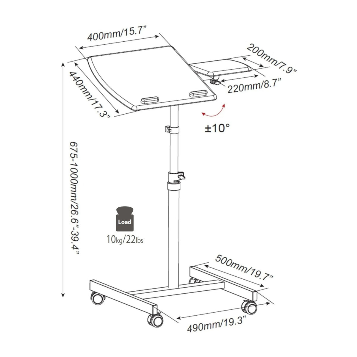 Disegno tecnico della Scrivania in piedi VM-SL con un'altezza da 675 a 1000 mm di hjh OFFICE