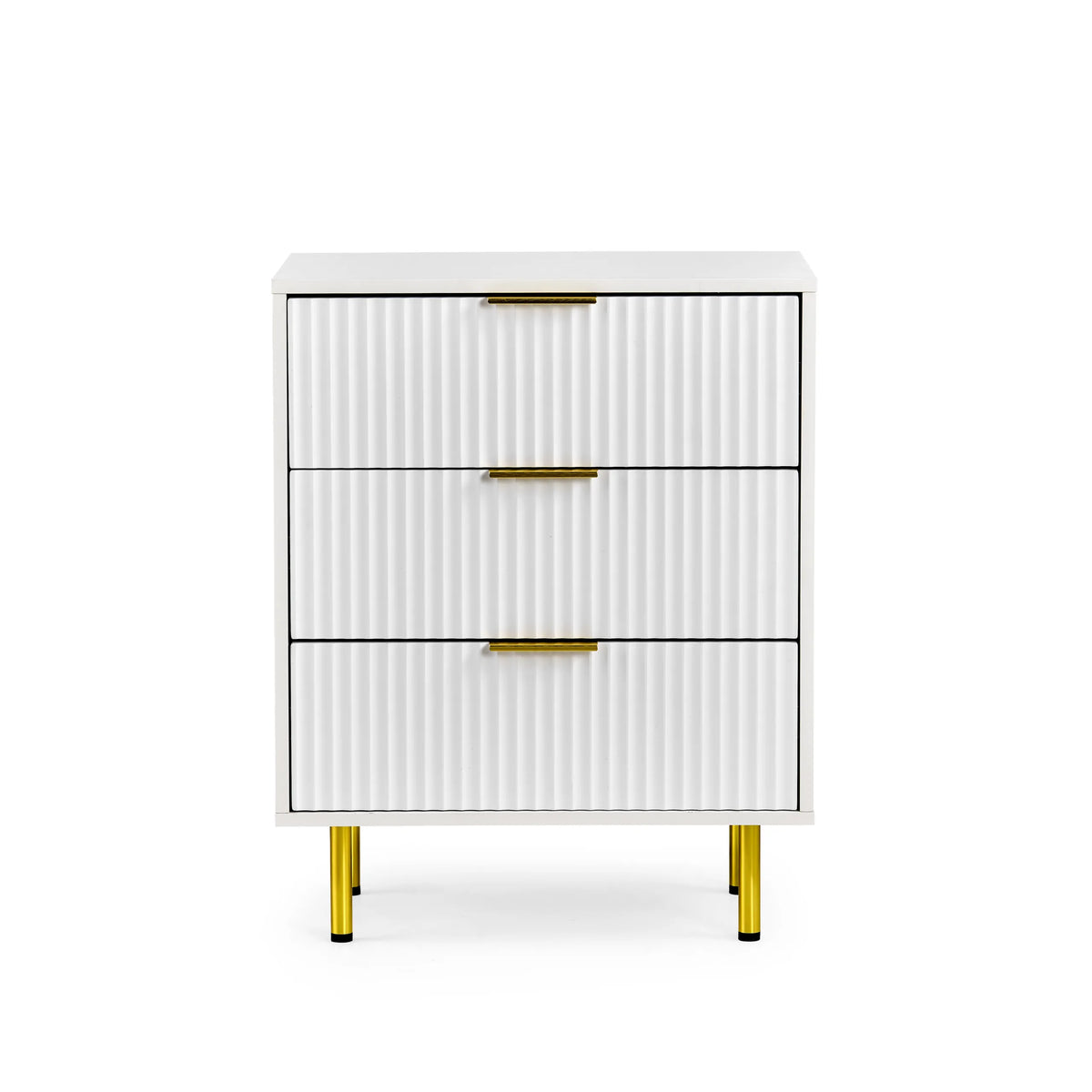 Cassettiera bianca Hjelle K con tre cassetti scanalati, maniglie dorate e quattro piedini color oro di hjh LIVING – vista a 360° (vista frontale 0°)