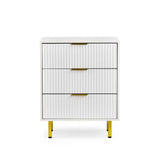 Cassettiera bianca Hjelle K con tre cassetti scanalati, maniglie dorate e quattro piedini color oro di hjh LIVING – vista a 360° (vista frontale 0°)