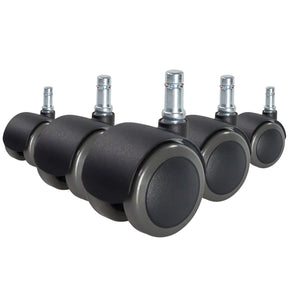 Fünf schwarze Stuhlrollen 5x ROLO FIX 11mm/50mm für Hartböden mit silberfarbenen Metallstiften von hjh OFFICE