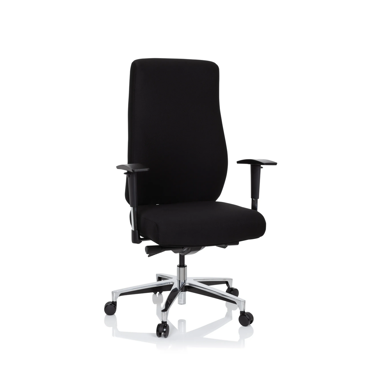 Sedia da ufficio professionale FORCOM nera con braccioli e base a cinque ruote di hjh OFFICE – vista a 360° (vista frontale 20°)