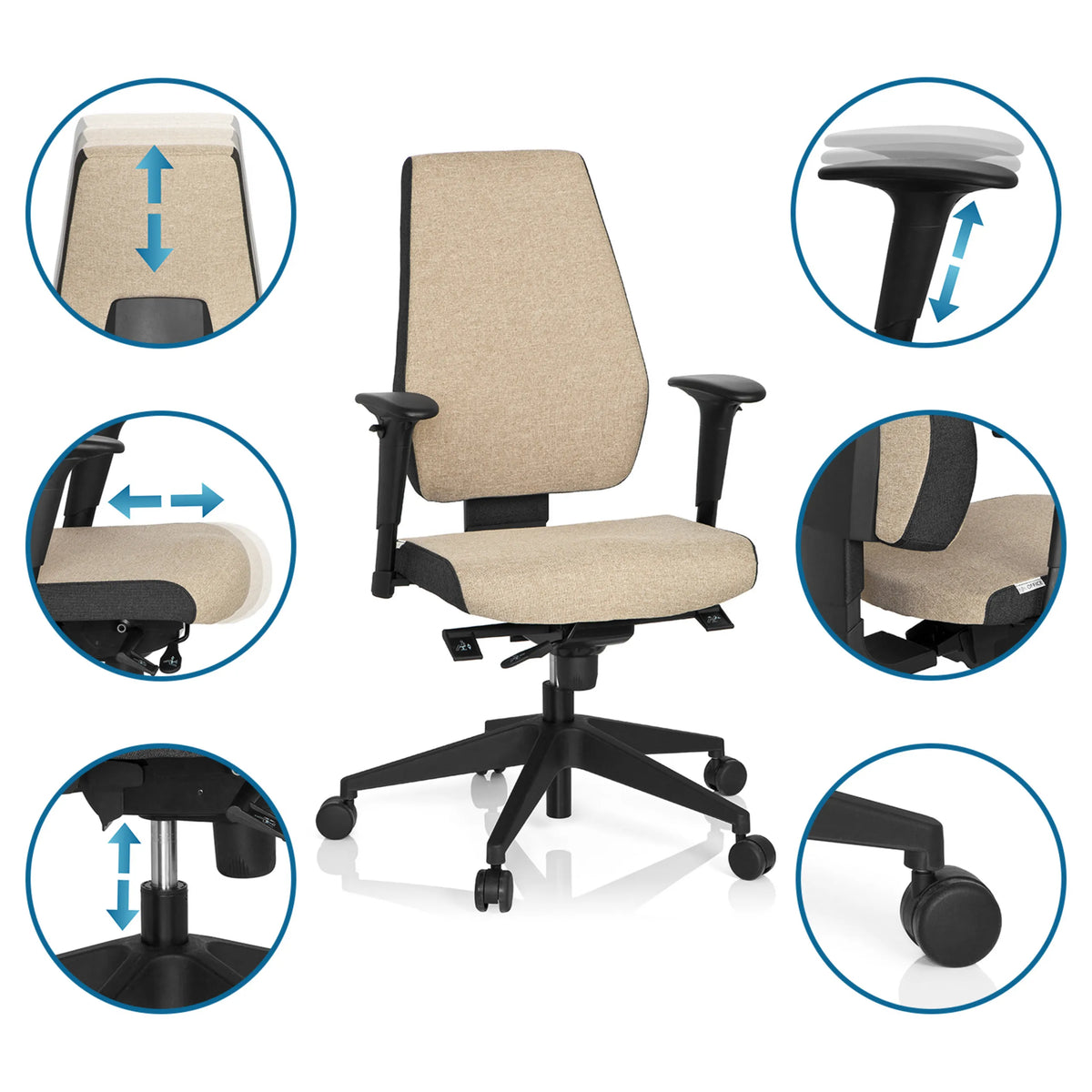 Funzioni regolabili della Sedia da ufficio professionale PRO-TEC 500 in beige con ruote e pistone a gas di hjh OFFICE