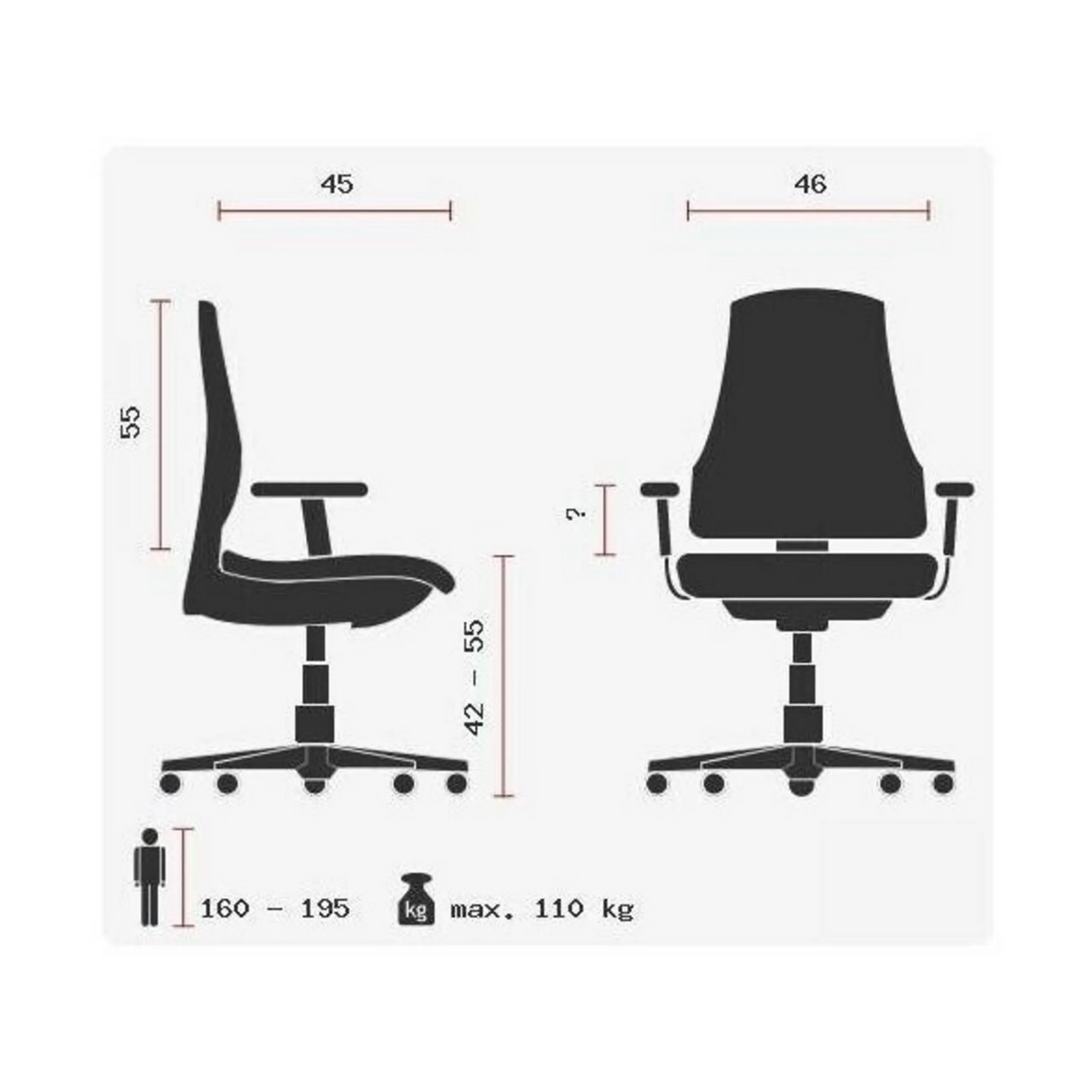Disegno tecnico della Sedia Home Office TRENDY SY con una portata massima di 110 kg di Topstar