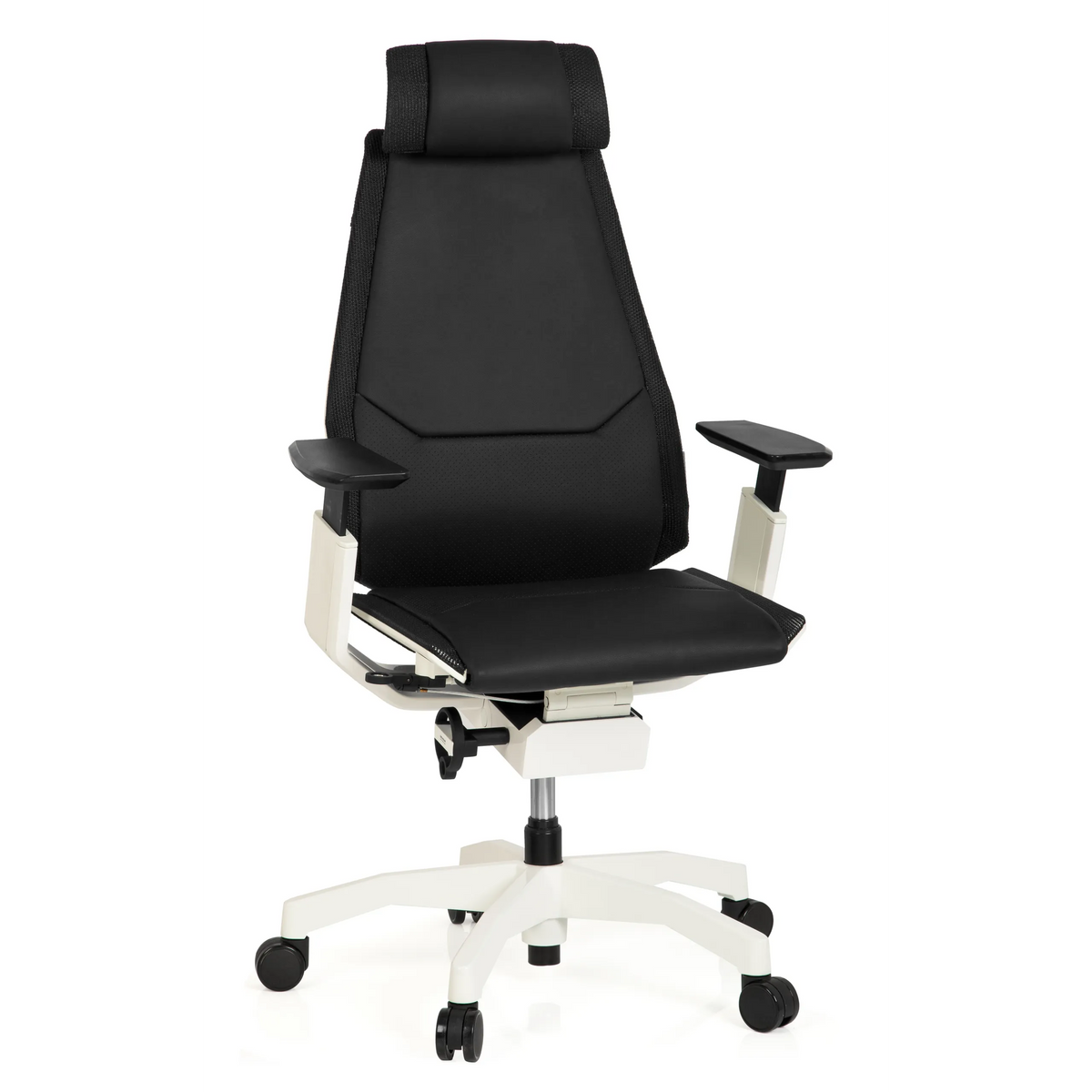 High-end Sedia da ufficio GENIDIA PRO WHITE nera in pelle con base bianca e cinque ruote di hjh OFFICE – vista a 360° (vista frontale 20°)