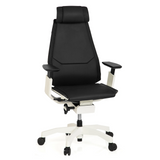 High-end Sedia da ufficio GENIDIA PRO WHITE nera in pelle con base bianca e cinque ruote di hjh OFFICE – vista a 360° (vista frontale 20°)