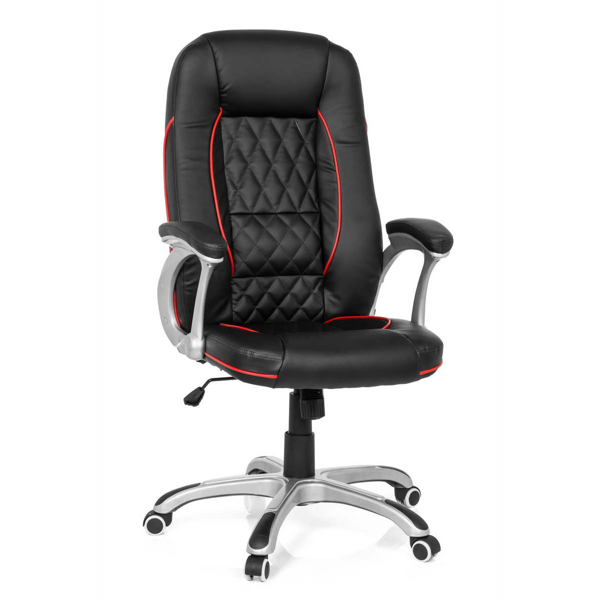 Sedia da gaming RELAX AB100 nera con cuciture decorative rosse, trapuntatura e base a cinque ruote di MyBuero – vista a 360° (vista frontale 20°)